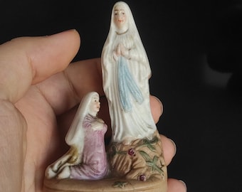 Antique Our Lady of Lourdes Figurine - Saint Bernadette Grotto Statue - Hand-Painted Bisque Porcelain Catholic Decor - Religious Collectible