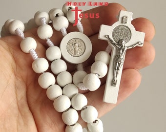 White Rosary  St Benedict Hand Made Wood From Holy Land Jerusalem Blessed