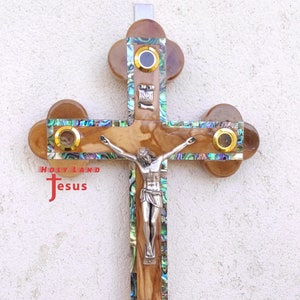 Kruisbeeld †Kruis Olijfhout 11&quot; Parelmoer Handgemaakt in het Heilige Land Jeruzalem gezegend christelijk muurkruis