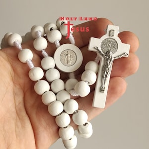 White Rosary  St Benedict Hand Made Wood From Holy Land Jerusalem Blessed