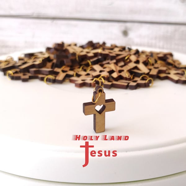 Lot 50 crosses Hand Made Carved Heart  Olive Wood Rosary Maker Necklace Holy Land Jerusalem Blessed cross