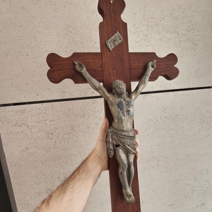 Großes antikes Holzkreuz mit Metall Jesus Kruzifix Wand Religiöser Christus