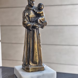 Vintage Saint Anthony of Padua Statue – Bronze-Tone Metal with Marble Base – Catholic Religious Figurine