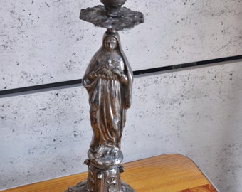 Candleholder Christianity Virgin Mary metal statue standing antique candlestick