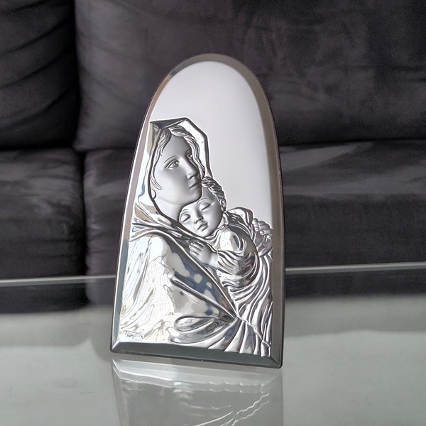 Virgin Mary Icon MATERNITY Silver Religious Wood Handicraft Christianity Catholic Hand Made