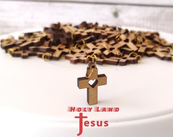 Lot 50 crosses Hand Made Carved Heart  Olive Wood Rosary Maker Necklace Holy Land Jerusalem Blessed cross