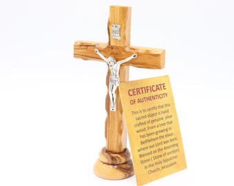 Crucifijo † Cruz redonda de madera de olivo hecha a mano con certificado de autenticidad. De pie. Tierra Santa, Jerusalén. Regalo sagrado y bendito para el hogar cristiano.