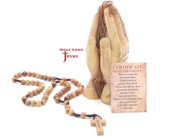 Stunning Hand Carved Olive Wood Praying Hands With A Free Rosary Beads with certificate Holy Land Jerusalem Gifts handmade