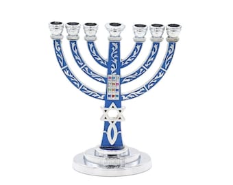 Jewish Menorah silver blue Hanukkah Israel Jerusalem Candle Judaism Branch