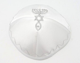 Jewish Jerusalem Messianic Crochet Kippah silk Traditional silver white gift