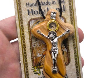 Crucifix Necklace rope Cross Holy Land Olive wood Hand made souvenir Religious