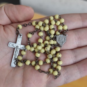 Vintage Yellow Bead Catholic Rosary – Silver Crucifix & Religious Medal
