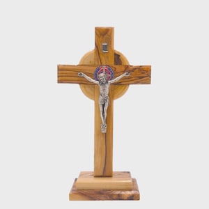 Standing Cross Saint St Benedict 8.6&quot; Olive Wood Holy Land Hand Made Christian