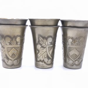 Pewter Antique 6 Cups Engraved Crest Coat of Arms Metal Drinking Glasses made in Belgium