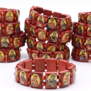 12 PCS Wood Bracelet RED All Saints Beads With Stretch Hand Made in The holy Land Jerusalem