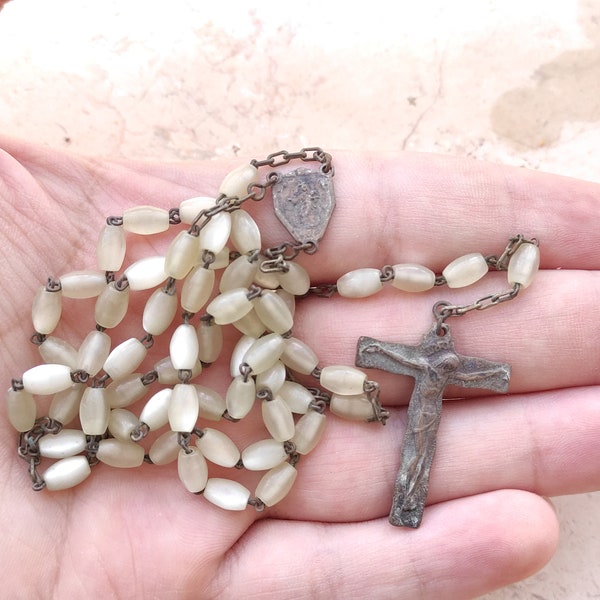 Antique Rosary France Tiny Mother of pearl Beads Scarce Solid 1890s white Metal