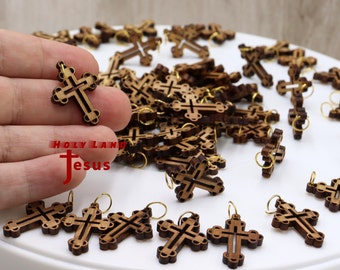 Lot 50 Cross Hand Made Olive Wood Rosary Maker Necklace Crosses Holy Land Jerusalem Blessed