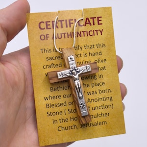 Crucifix Necklace metal Cross Olive Wood Hand Made Pendant holy land Jerusalem