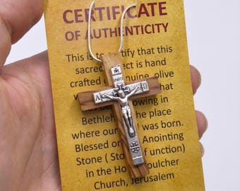 Crucifix Necklace metal Cross Olive Wood Hand Made Pendant holy land Jerusalem