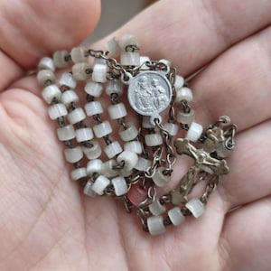 Antique Rosary white Beads Catholic Prayer Holy Rosary saint Joseph Icon
