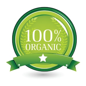 May include: Green and white 100% Organic label with a green ribbon and a white star.