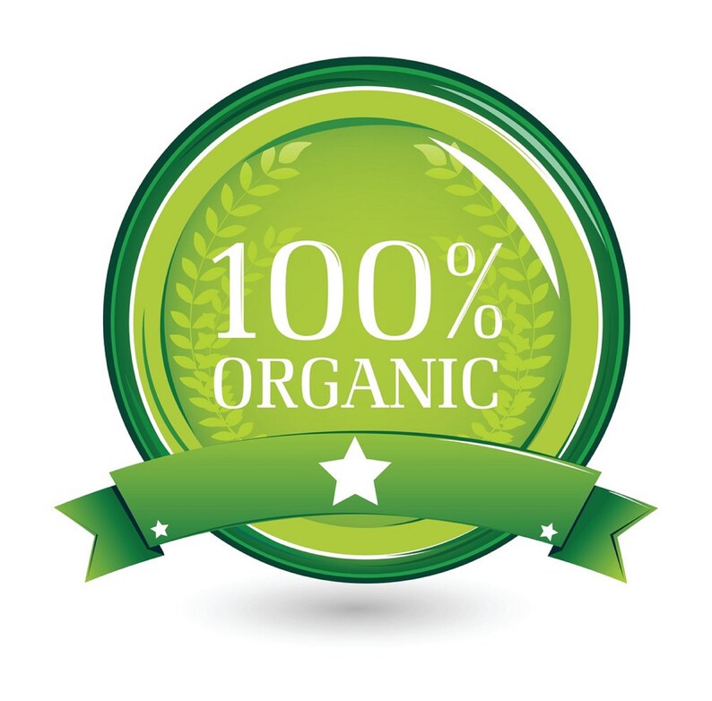 May include: Green and white 100% Organic label with a green ribbon and a white star.