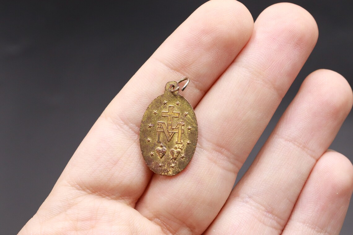 2 Pc Icon Vintage Miraculous Medal 1830 Mary Blue Gold Catholic ...