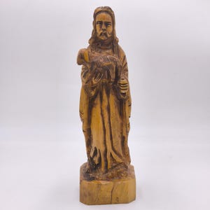 Hand Carved vintage Wooden Good Shepherd Statue Christian Art Religious Sculpture Decor