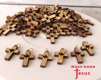 Lote de 50 cruces hechas a mano en madera de olivo, collar para hacer rosarios, Espíritu Santo, Tierra Santa, Jerusalén Bendita