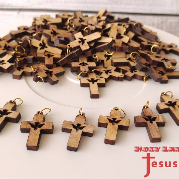 Lot 50 cross Hand Made Olive Wood Rosary Maker Necklace Holy Spirt Holy Land Jerusalem Blessed