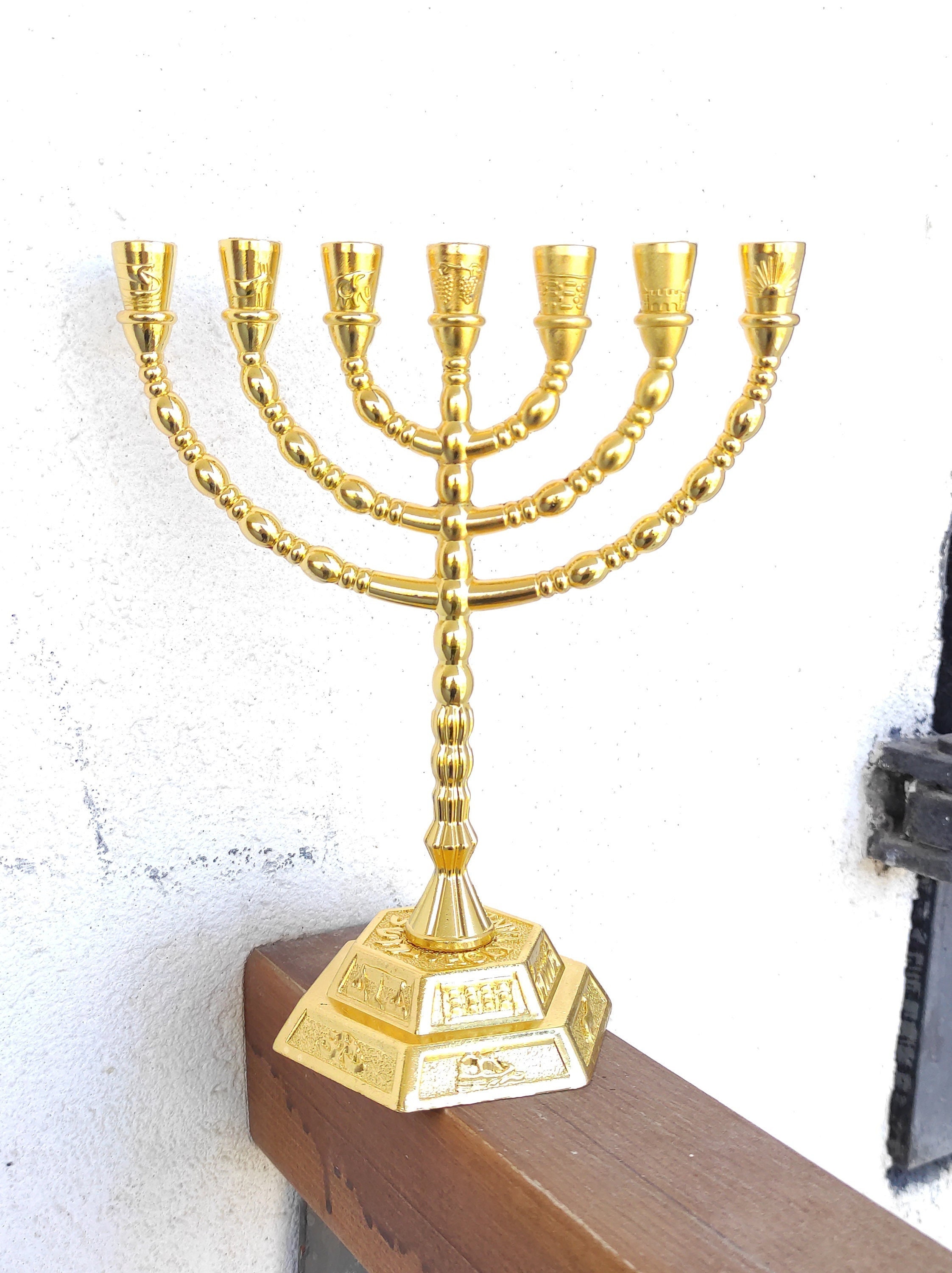 Gold Jerusalem Menorah, Decorative Judaica Candle Holder 7 Branch Shalom  Israel Menorah Jewish Festival 10.8 High