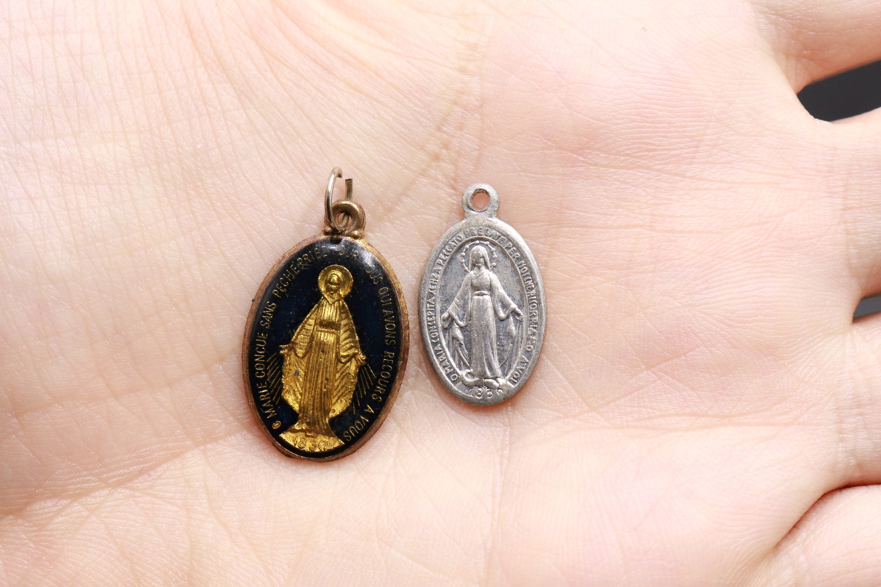 2 Pc Icon Vintage Miraculous Medal 1830 Mary Blue Gold Catholic ...