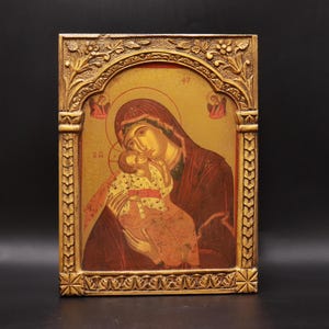 Ikonen-Jungfrau Maria mit Jesus-Kind-Holz, das byzantinische schnitzt, hergestellt in Griechenland Antike-Christentum-Religion-Wandbehang handgemalt