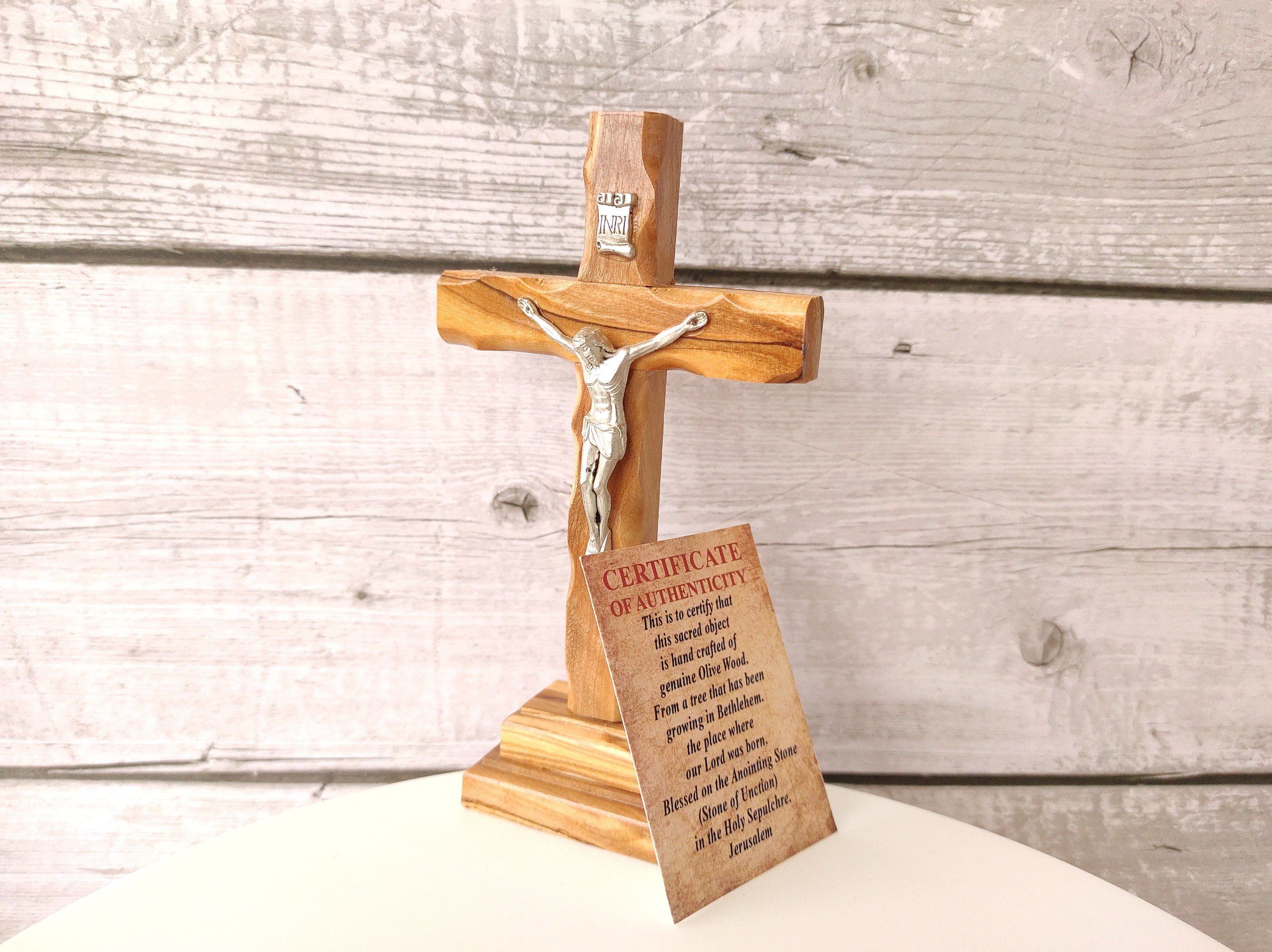 Kruzifix † Olivenholzkreuz Handgemacht mit Echtheitszertifikat Stehendes Heiliges Land Jerusalem Heiliges Gesegnetes Geschenk Haus Christ