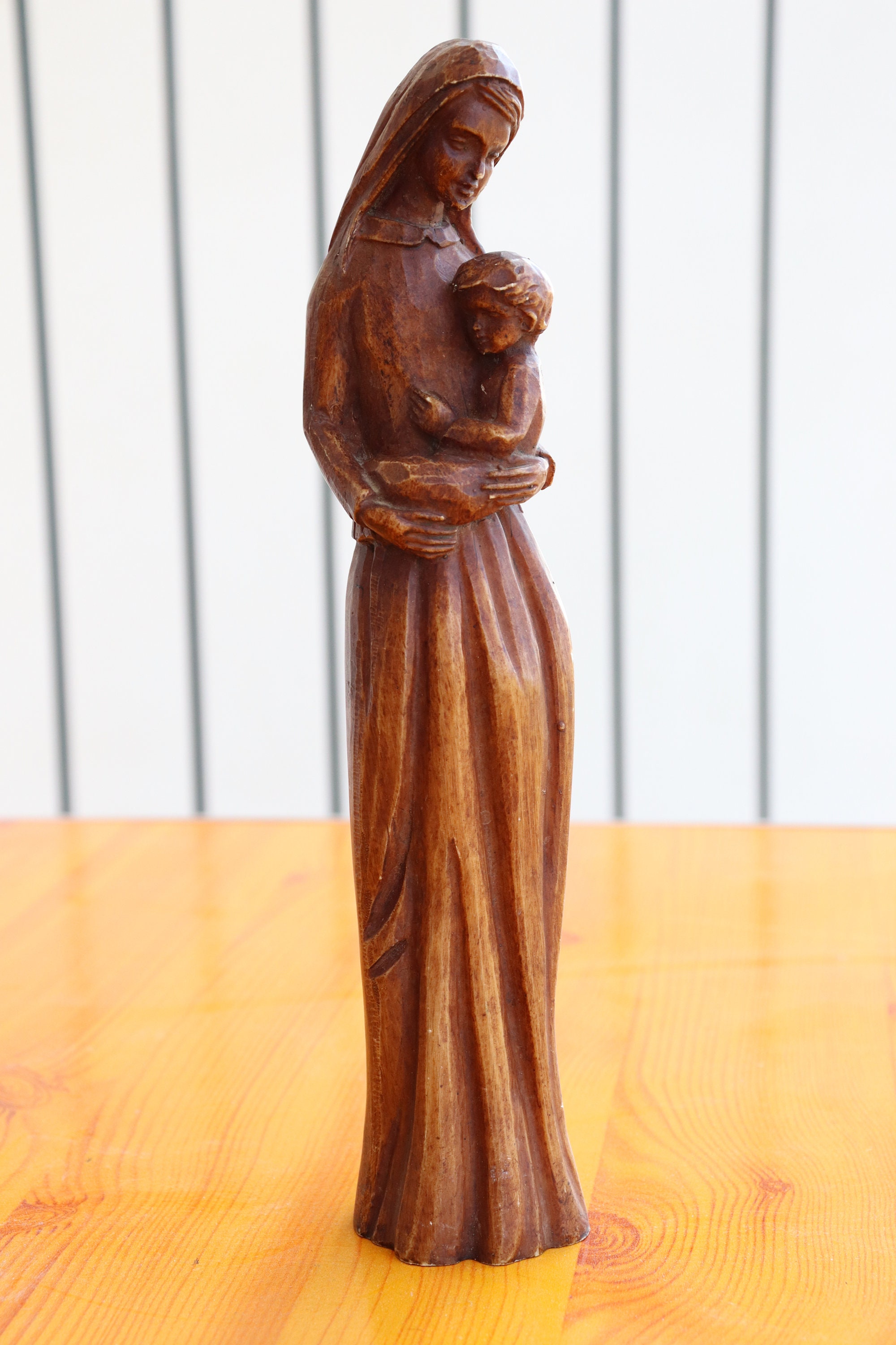 Vintage Wood Carved Virgin Mary and Child Statue - 10.6" Madonna and ...