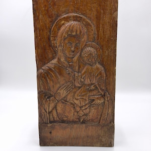 Virgin Mary Jesus wall Icon Antique Hand-Carved Wood Religious Christian Art