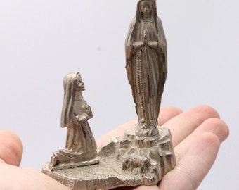 Vintage Our Lady of Lourdes Statue - Silver Tone Bernadette Apparition Figurine - French Religious Souvenir - Catholic Home Altar Decor