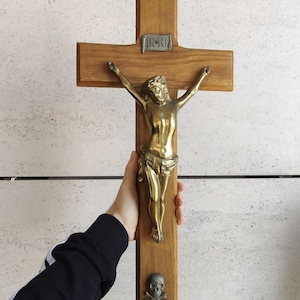 Religiöses Antikes Kruzifix - Holz Wand Kreuz mit Metall Jesus Groß Handgemacht