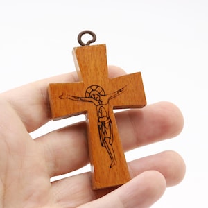 Vintage Wood Small Cross Necklace Hanging religion Hand made art