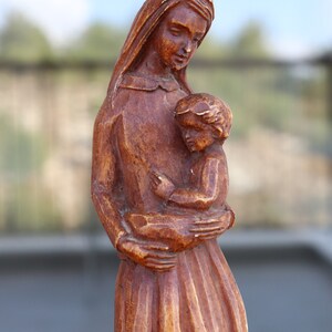 Vintage Wood Carved Virgin Mary and Child Statue - 10.6" Madonna and ...