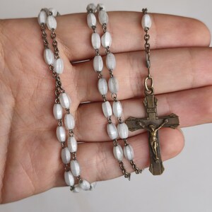 Vintage French Rosary – White Beads with Bronze Crucifix – Made in France