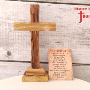 Cruz de madera de olivo hecha a mano con certificado de autenticidad de pie Tierra Santa Jerusalén Santo Bendito Regalo Hogar Cristiano