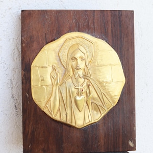Vintage Jesus Icon Sacred Heart Wood Metal wall Hanging Religious