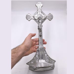 Vintage metal Standing Large Crucifix Altar Cross Christ Religious Decor