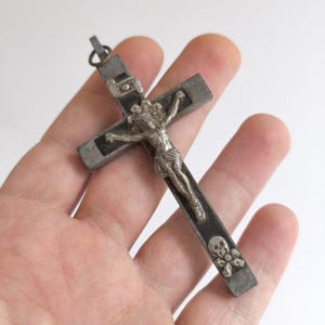 Crucifix Vintage metal black small necklace rosary Christianity cross Religion
