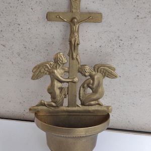 Antique Brass Holy Water Font – Wall Crucifix with Angels Religious