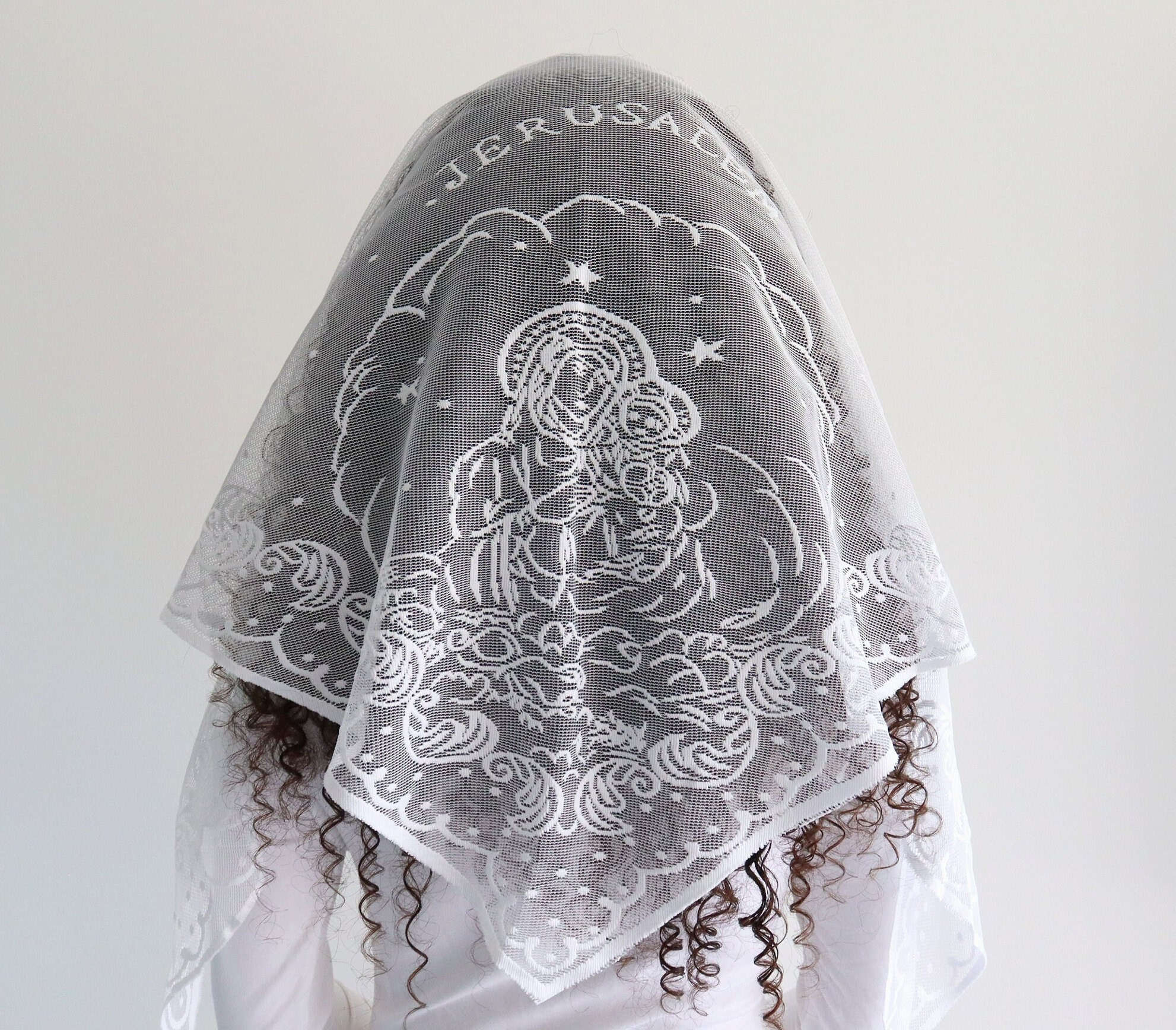thumbnail image 2 of White Mantilla Veil – Chapel Scarf Lace Headcovering For Catholic Church – Short WR2 2 of 4