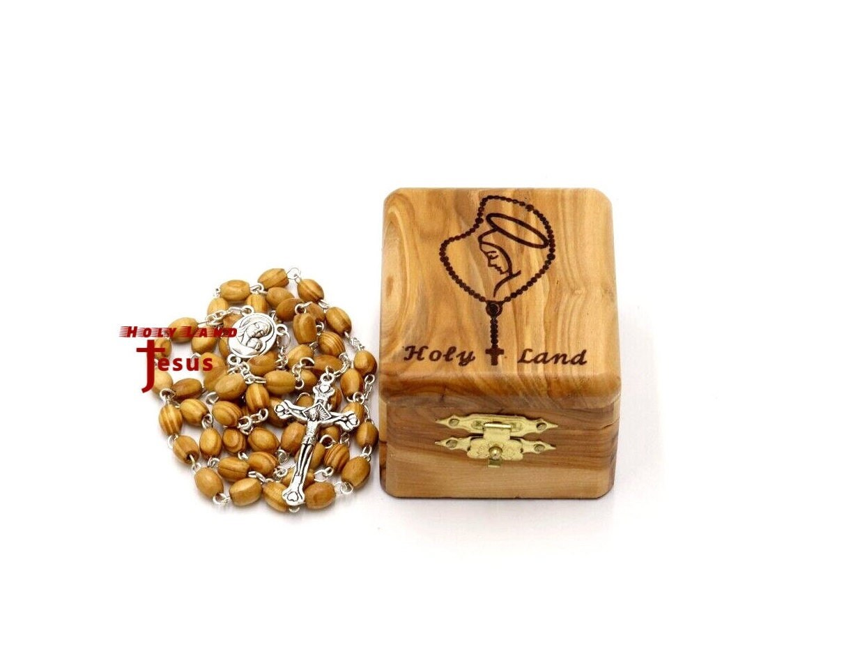 Mary Virgin Box Rosary Olive Wood Jerusalem Holy Land Keepsake Carved
