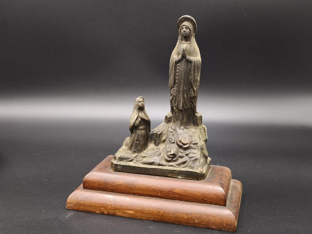 Vintage Our Lady of Lourdes and St. Bernadette Statue, Cast Metal ...