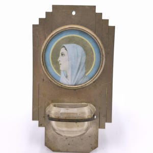 Vintage Holy Water Font – Virgin Mary Art Deco metal Glass Wall Hanging